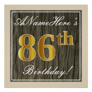 Elegant, Faux Wood, Faux Gold 86th Birthday + Naam Perfect Poster