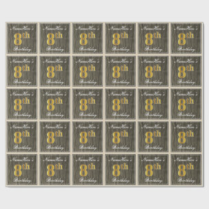 Elegant, Faux Wood, Faux Gold 8th Birthday + Naam Cadeaupapier