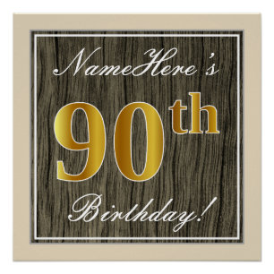 Elegant, Faux Wood, Faux Gold 90th Birthday + Naam Perfect Poster