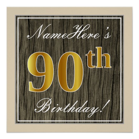 Elegant, Faux Wood, Faux Gold 90th Birthday + Naam Perfect Poster (Voorkant)