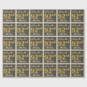 Elegant, Faux Wood, Faux Gold 92nd Birthday + Naam Cadeaupapier