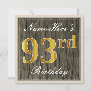 Elegant, Faux Wood, Faux Gold 93rd Birthday + Naam Kaart