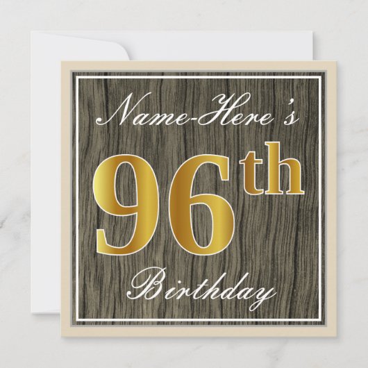 Elegant, Faux Wood, Faux Gold 96th Birthday + Naam Kaart (Voorkant)