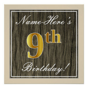 Elegant, Faux Wood, Faux Gold 9th Birthday + Naam Perfect Poster