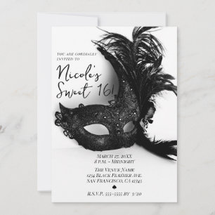Elegant Feather Masquerade Black & White Sweet 16 Kaart