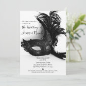 Elegant Feather Masquerade Black White Wedding Kaart (Staand voorkant)
