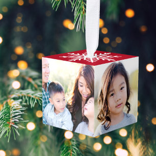 Elegant Feestelijk Rood 4 Foto Sneeuwvlok Kerstmis Kubus Ornament