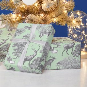 Elegant Feestelijk Toile Fox Herten Grijs Salie Cadeaupapier