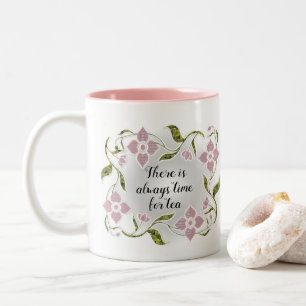 Elegant Feminine Tea Time Pink Flowers and Vines Tweekleurige Koffiemok
