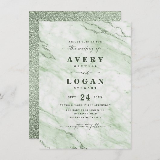 Elegant Fern Green Marble & Glitter Wedding Kaart (Voorkant / Achterkant)