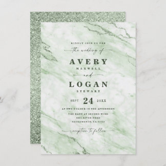 Elegant Fern Green Marble & Glitter Wedding Kaart