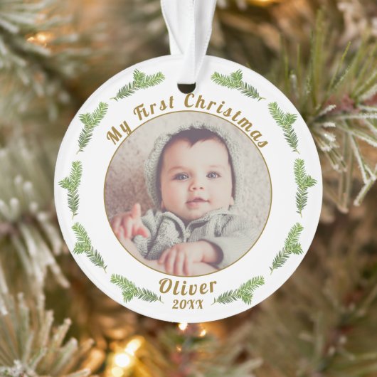 Elegant Festive Baby's eerste kerstfoto Ornament (Boom)