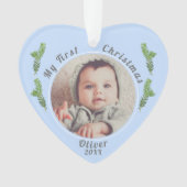 Elégant Festive Blue Baby`s First Christmas Photo (devant)