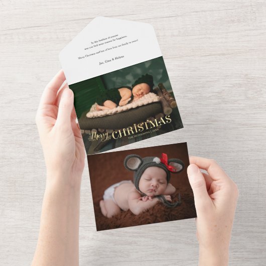 Elegant Festive Gold Merry-kerstscript Foto All In One Uitnodiging (Afscheurbaar)