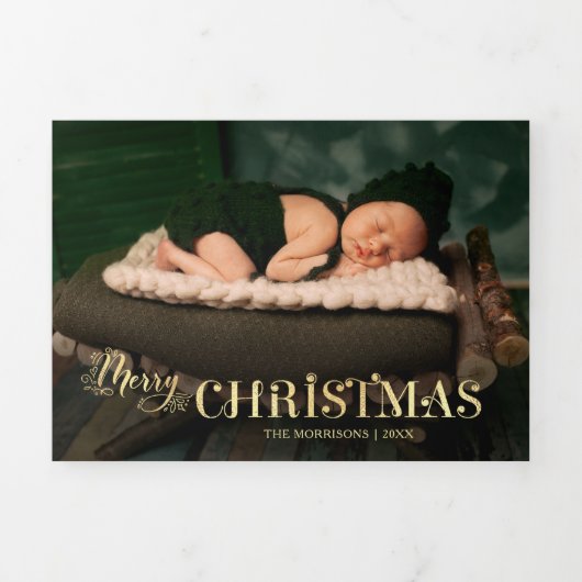 Elegant Festive Gold Merry-kerstscript Foto Drieluik Wenskaart (Cover)