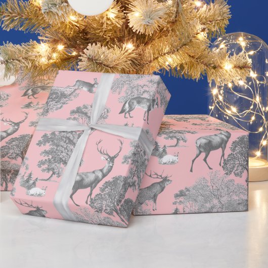 Elegant Festive Toile Fox Deer Rabbit Gray Pink Cadeaupapier (Feestdagen)