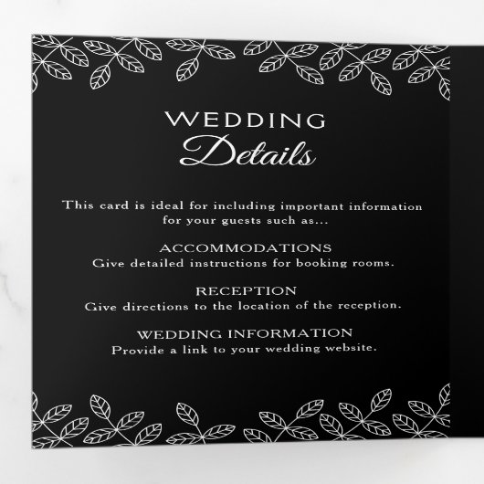 Élégant Feuille noir & blanc Mariage Tri-Fold Invi (Intérieur en premier)