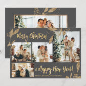 Elégant Feuilles Gold Grey 4 Photos Carte de Noël (Devant / Derrière)