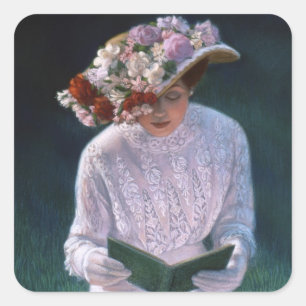  Elegant Fine Art Victoriaans Lady Reading Vierkante Sticker