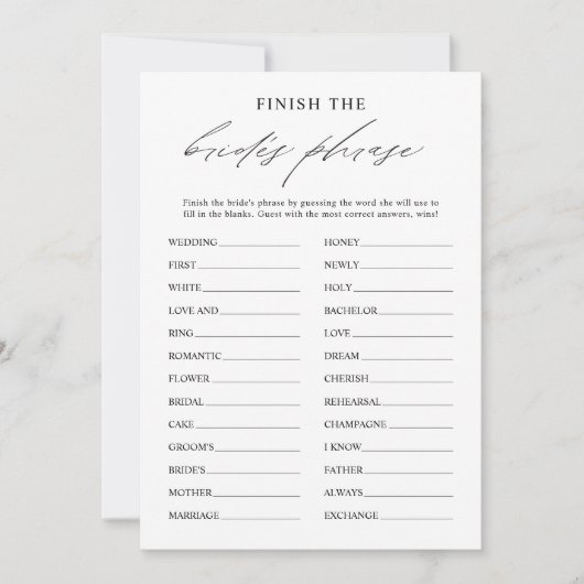 Elegant Finish the Bride's Phrase Bridal Game Kaar Kaart (Voorkant)