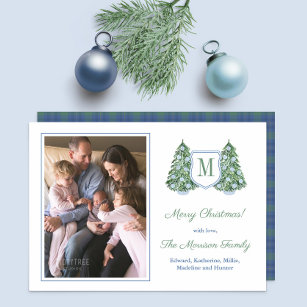Elegant Fir Tree Blue White Baubles Family Afbeeld Feestdagenkaart