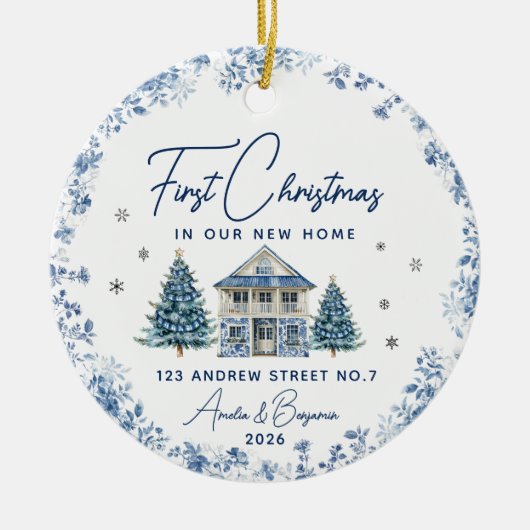 elegant first christmas new home blue ornament (Voorkant)