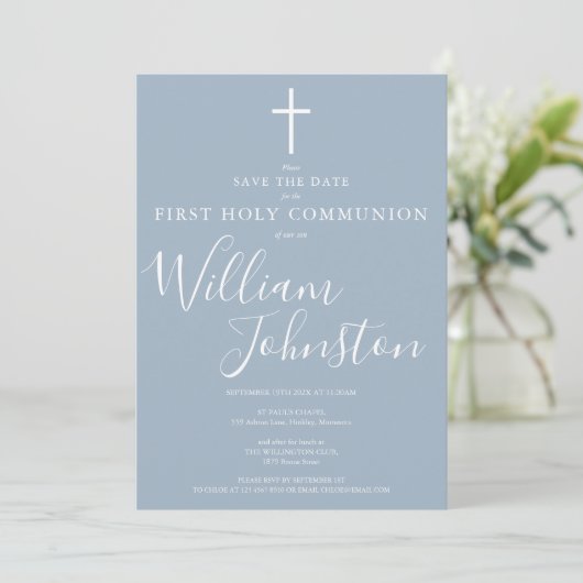 Elegant First Heilige Commune Dusty Blue Save The Date (Staand voorkant)