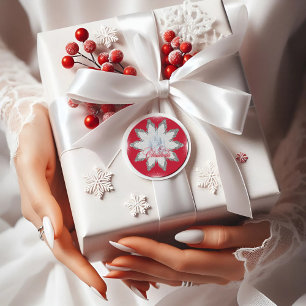 Élégant flakes de neige argenté rouge Sticker rond