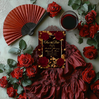 Elegant Flamenco Script Red Rose Save The Date