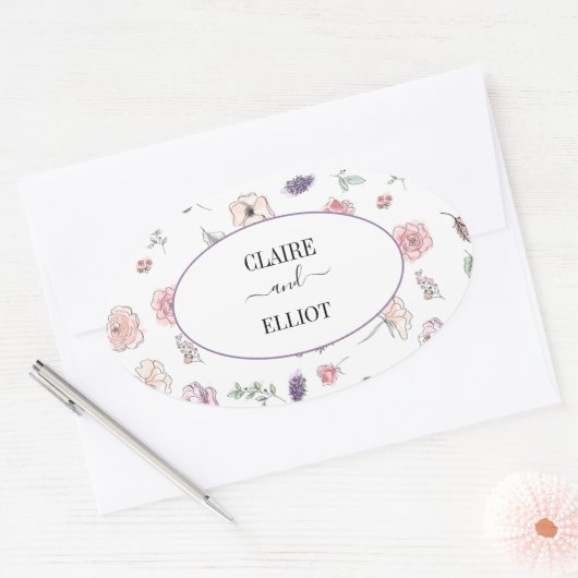 Elegant Flat Modern Botanical Green Wedding Ovale Sticker (Envelop)