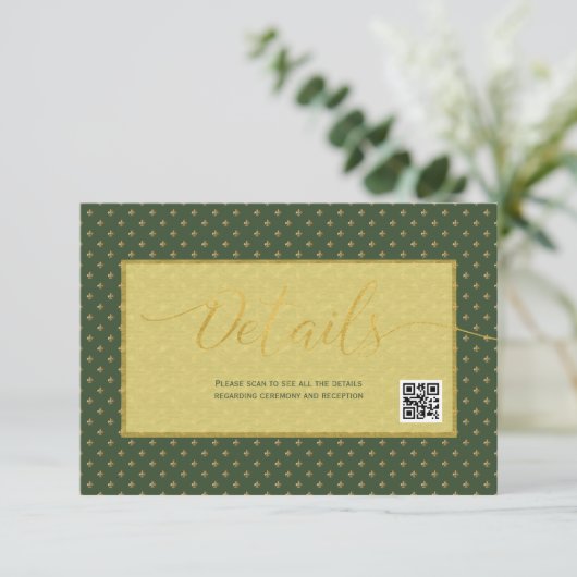 Elegant fleur de lis bruilotsdetails QR code Informatiekaartje (Staand voorkant)