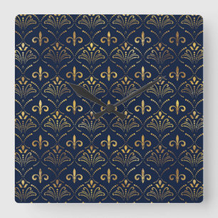 Elegant Fleur-de-lis patroon - Goud en diep blauw Vierkante Klok