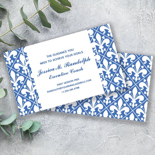 Elegant Fleur de Lys Executive Blue en White Visitekaartje