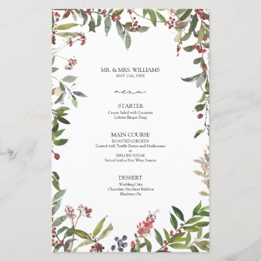 Elégant Fleur sauvage d'hiver Berry Mariage Menu (Devant)