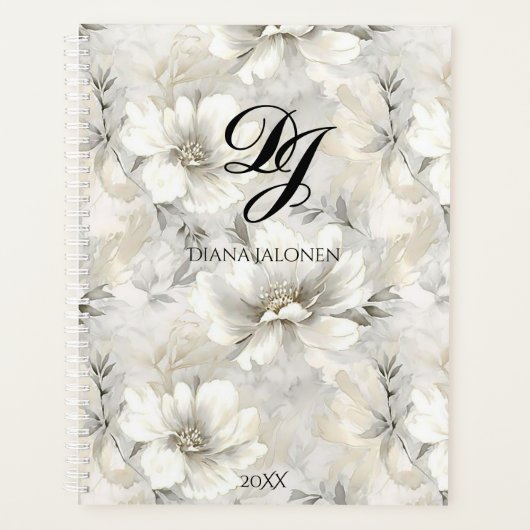 Elégant Fleurs blanches Monogramme Nom personnalis (Devant)