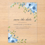 Élégant Fleurs Bleues et Feuillage Faire-Part de D (Recto)
