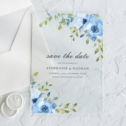 Élégant Fleurs Bleues et Feuillage Faire-Part de D
