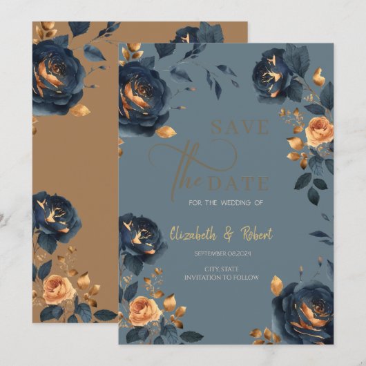 Élégant fleurs bleues et or Save The Date  (Devant / Derrière)