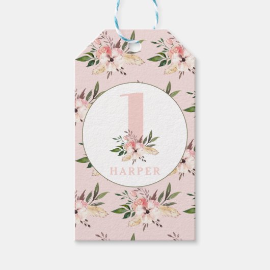 Elegant floraal roze verjaardagsfeestje cadeaulabel (Voorkant)