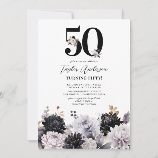 Elegant Floral 50th Birthday Party Kaart (Voorkant)