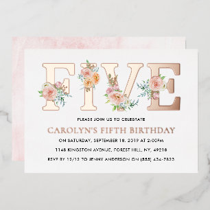 Elegant Floral 5th 5th Birthday Real Folie Uitnodiging