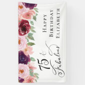 Elegant Floral 75th Birthday Party Spandoek (Verticaal)