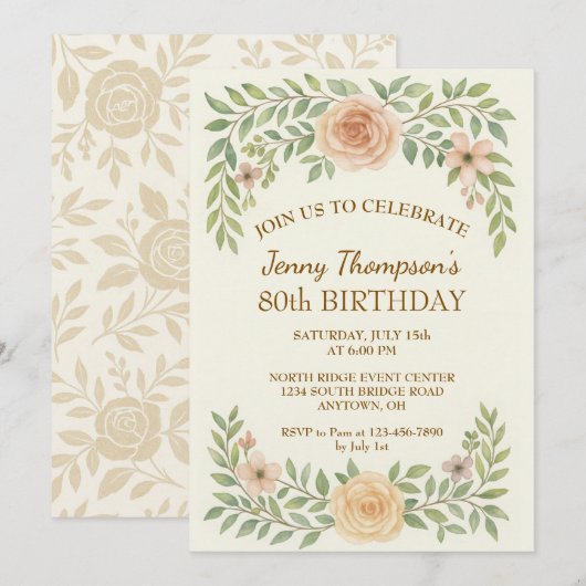 Elégant Floral 80e anniversaire de fête Invitation (Devant / Derrière)