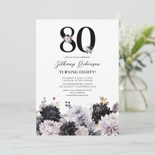 Elegant Floral 80th Birthday Party Kaart (Staand voorkant)