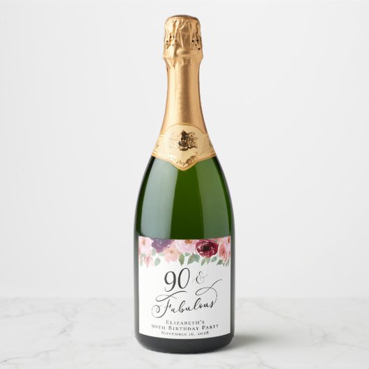 Elegant Floral 90th Birthday Party Sparkling Wijnetiket (Voorkant)