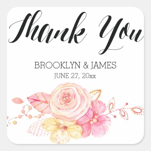 Élégant floral Aquarelle Mariage Stickers Carré (Devant)