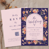 Elegant Floral Arch Navy Blue Blush Pink Wedding Kaart