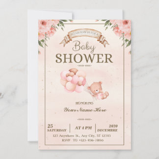Elégant Floral Baby shower Girl Invitation