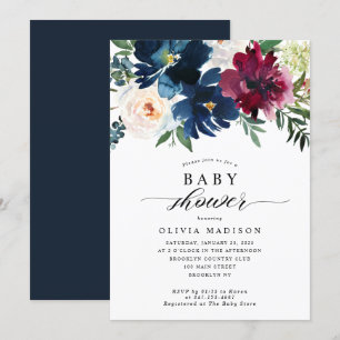 Elegant Floral Baby shower Navy Blue Burgundy Kaart