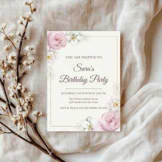 Elegant Floral Birthday Invitation Kaart